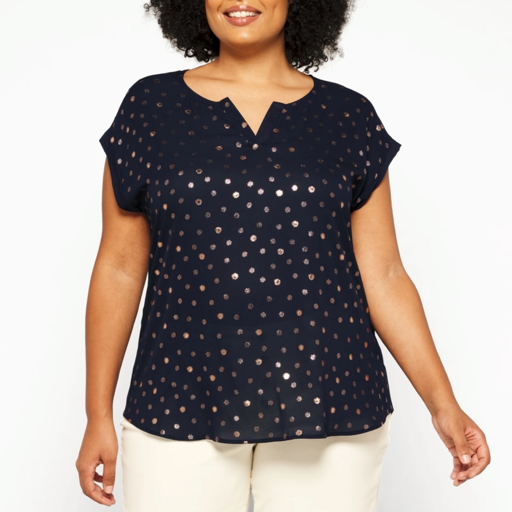 Full Moon Maternity Reece Mixed Material Top Navy Copper Dot 2X NWT StitchFix